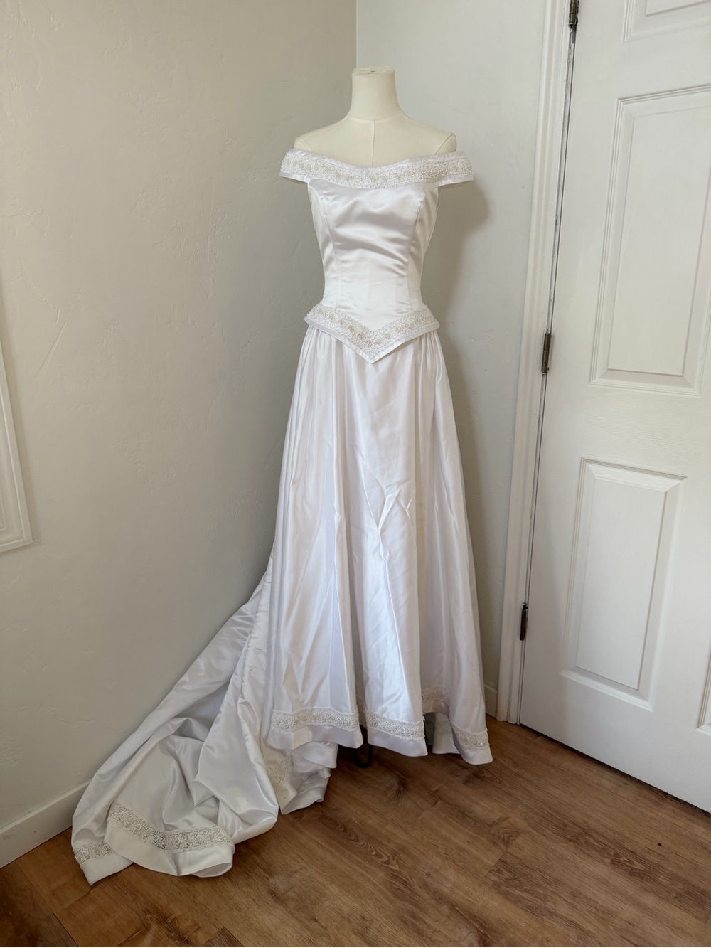 Off-Shoulder White Vintage Signature Satin Bridal Wedding Gown with Lace Trim
